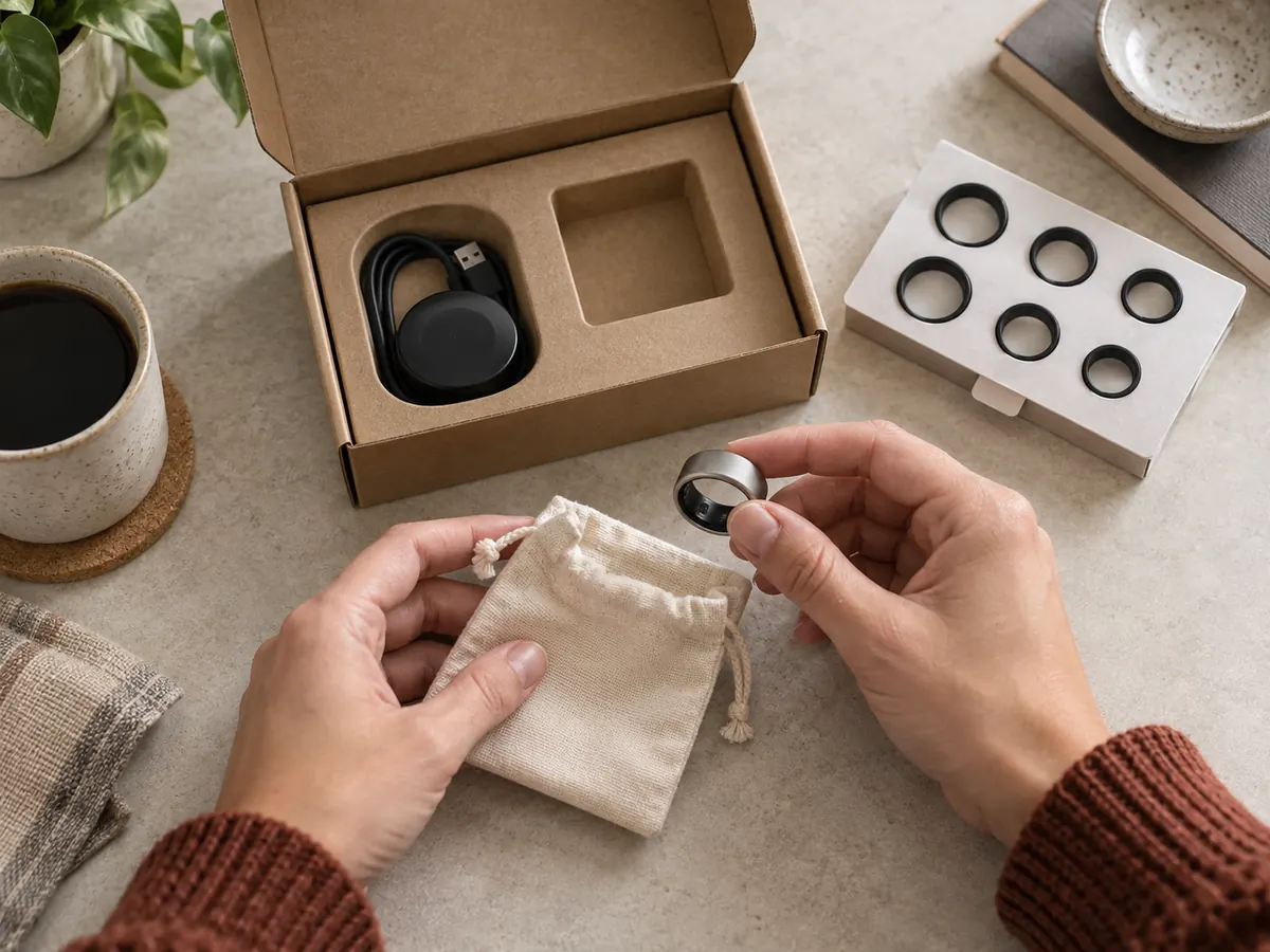 Hands opening a generic smart-ring package with charger and sizing loops