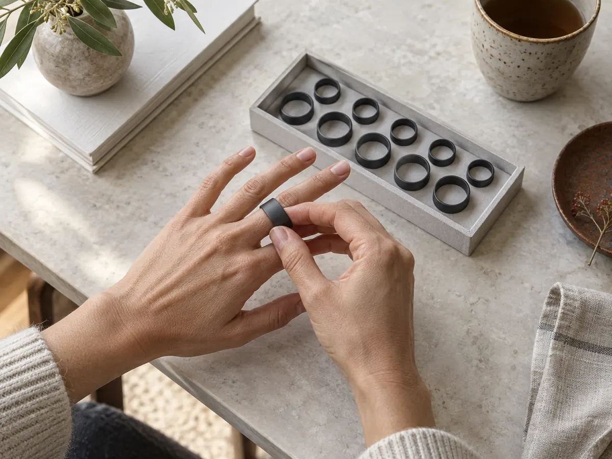 Hands checking a generic smart-ring sizing loop