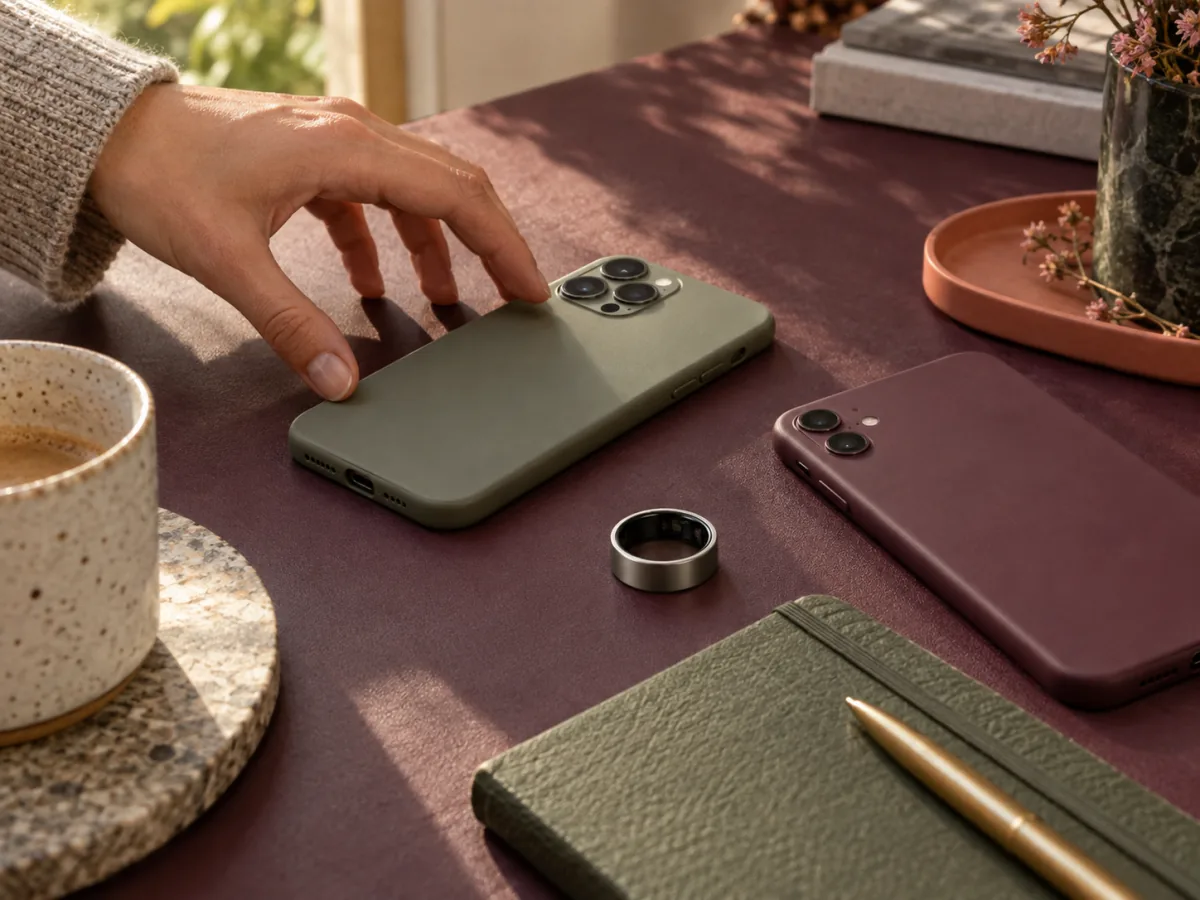 Generic smart ring beside two unbranded phones in different cases