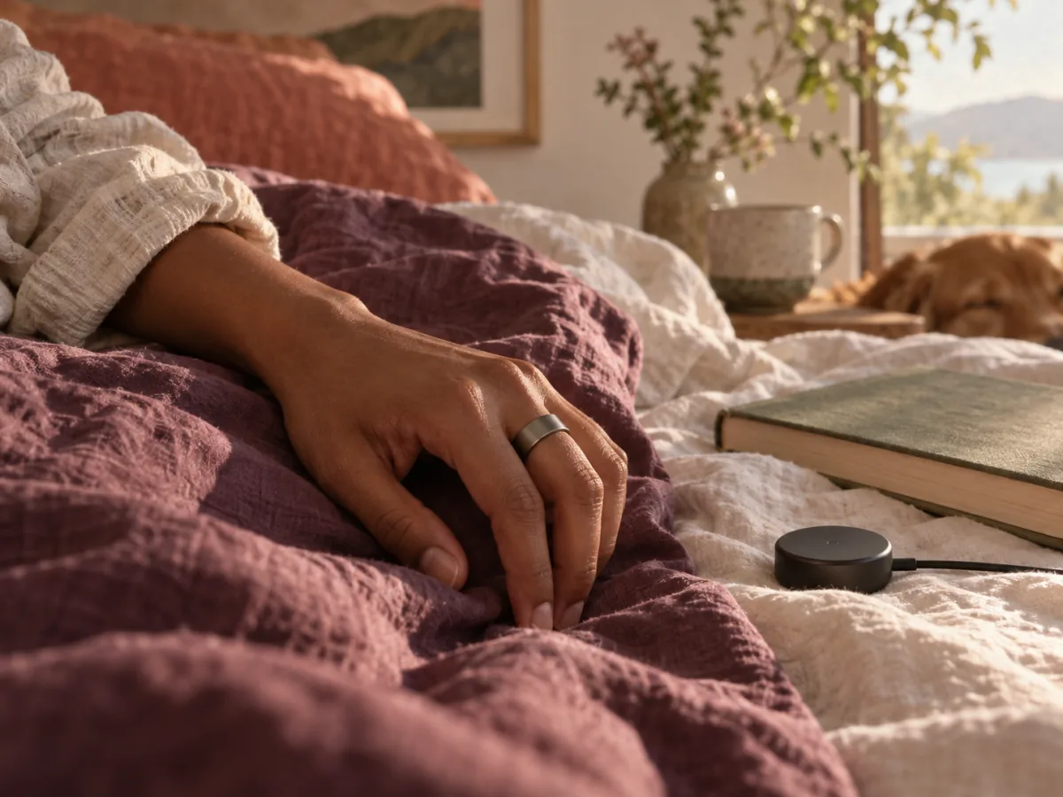 Hand wearing a generic smart ring resting on warm-toned bed linen